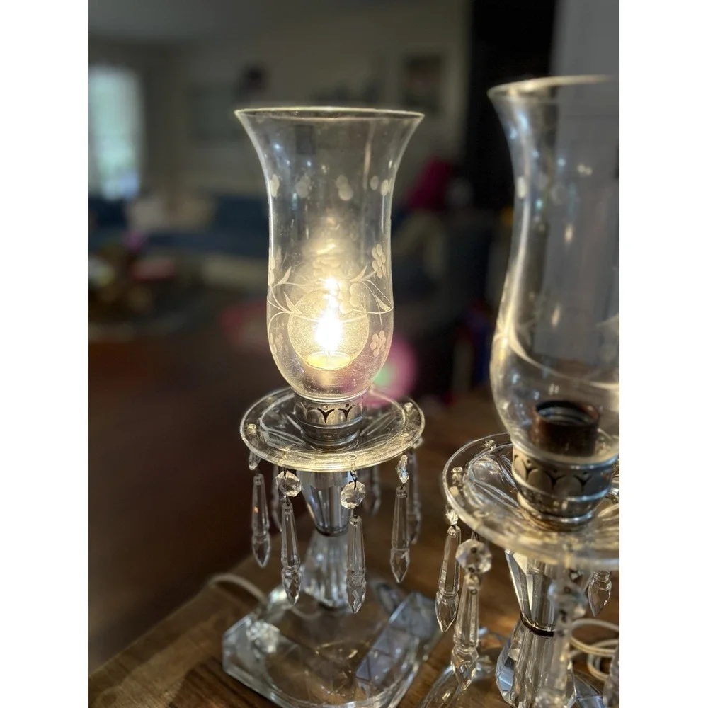 VTG Crystal Hurricane Buffet Lamps Mantle Etched Globes Prisms 15